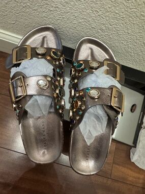 Embellished Metallic Slide Sandals - Bronze